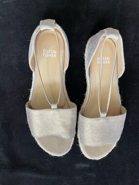 Eileen Fisher Shoes MewsLeather Slip-On Espadrilles Open ToeMetallic Gold size7